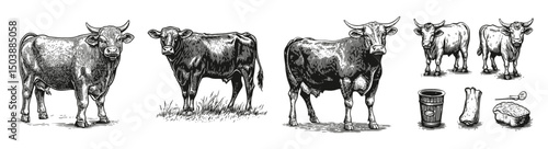 Vintage Sketch of Cattle on Farm with Ranch Elements and Details