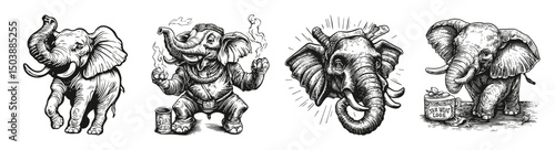 Detailed Vector Art of Four Unique Elephant Illustrations