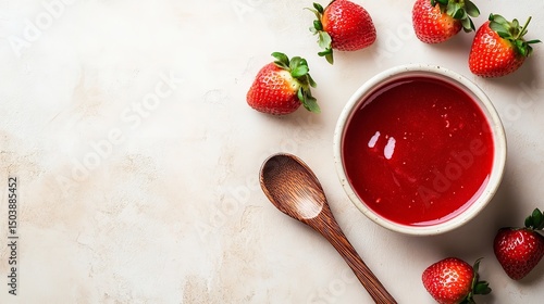 A dish laden with pink strawberry sauce wood spoon and strawberries over pale beige setting depict notion of carbs and crafted, Generative AI.