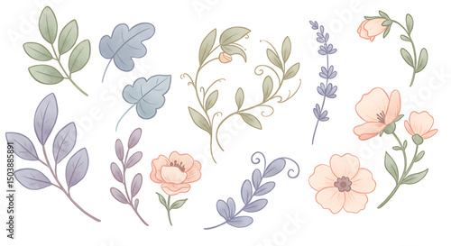 Watercolor Floral and Foliage Arrangement with Delicate Pastel Hues