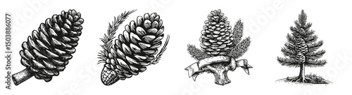 Detailed Illustrations of Pinecones and Spruce Tree Elements
