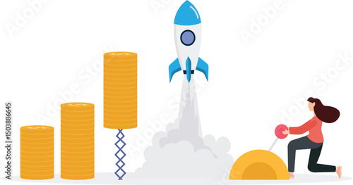 Launching new strategies, accelerating growth, data-driven innovation, strategic planning concept vector illustration. Business analysts guiding rocket with financial graphs