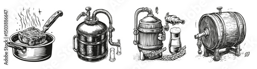 Vintage Brewing Equipment Illustrations for Craft Beer Projects