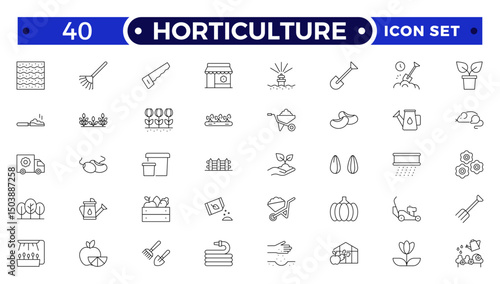 Horticulture Outline Icon Set. Gardening, Plant Growth, Agriculture, Budding Plants, Seeds, Fertilizer, Tools, Cultivation, Greenhouse, Pruning, Harvest, Biotechnology, Gardener Equipment, Flora.