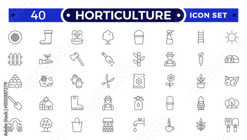 Horticulture Outline Icon Set. Gardening, Plant Growth, Agriculture, Budding Plants, Seeds, Fertilizer, Tools, Cultivation, Greenhouse, Pruning, Harvest, Biotechnology, Gardener Equipment, Flora.