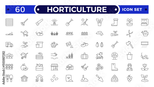Horticulture Outline Icon Set. Gardening, Plant Growth, Agriculture, Budding Plants, Seeds, Fertilizer, Tools, Cultivation, Greenhouse, Pruning, Harvest, Biotechnology, Gardener Equipment, Flora.
