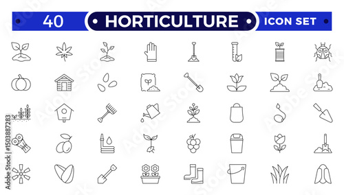 Horticulture Outline Icon Set. Gardening, Plant Growth, Agriculture, Budding Plants, Seeds, Fertilizer, Tools, Cultivation, Greenhouse, Pruning, Harvest, Biotechnology, Gardener Equipment, Flora.