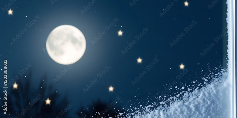 Bright Full Moon Shining Through Frosted Window with Snow
Bright Full Moon Shining Through Frosted Window with Snow