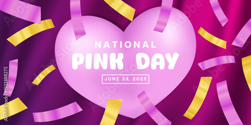 23 June Is National Pink Day. Fabric, heart and ribbon. Suitable for posters, banners and social media. Pink background.