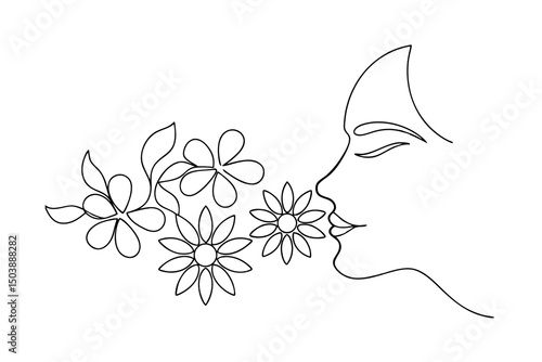 Woman smelling flowers continuous line art drawing