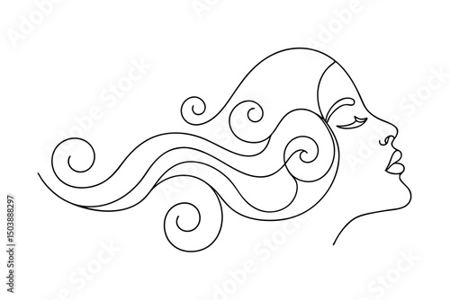 Woman profile continuous line art elegant hair swirls