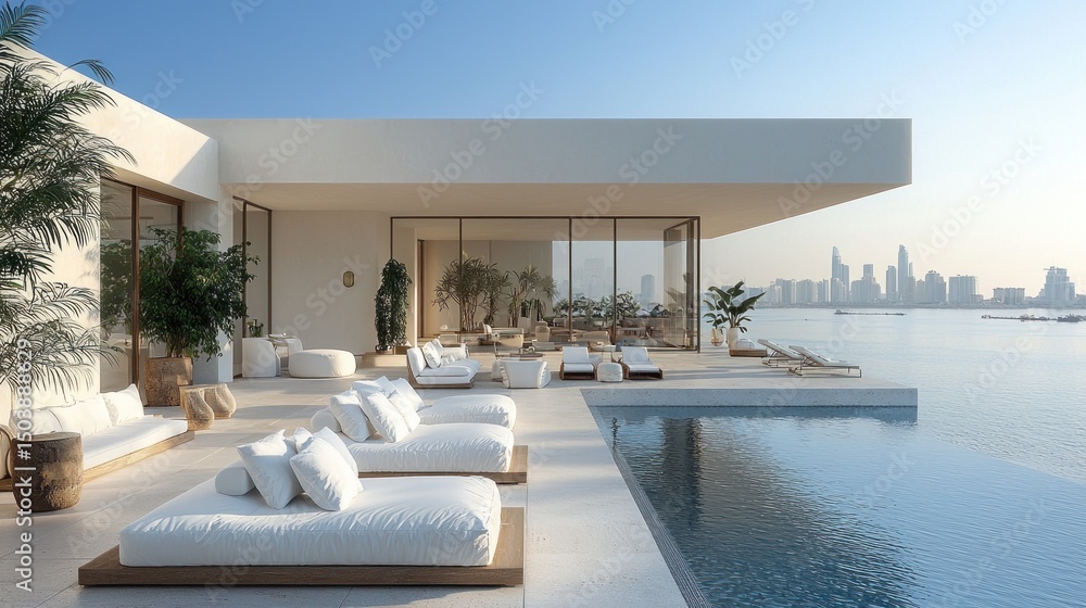 Fototapeta premium Luxury Waterfront Villa, Modern Oasis with Infinity Pool and City Skyline Views