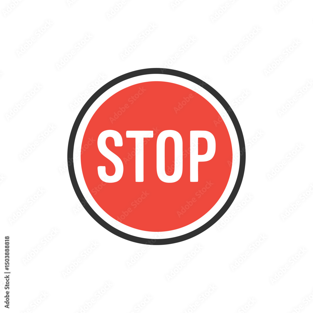 Red Stop Sign With White Letters, Round Black Border on White Background Red Stop Sign With White Letters, Round Black Border on White Background