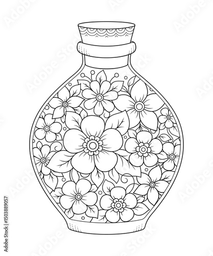 Glass bottle with floral pattern in mehndi style for coloring book page. Antistress for adults and children. Doodle ornament in black and white. Hand draw vector illustration.