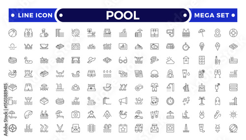 Pool Outline Icon Set. Swimming, Recreation, Water, Beach, Vacation, Summer Fun, Swim Gear, Umbrella, Goggles, Poolside Relaxation, Sports, Liquid, Waves, Leisure, Holiday.