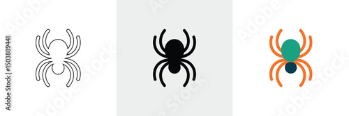 Simple Spider Set with Outline, Silhouette, and Colorful Design on White Background