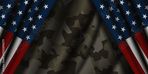 June 14 is US Army Birthday. Fabric, area for text and american flag. Suitable for posters, banners and social media. Dark green background.