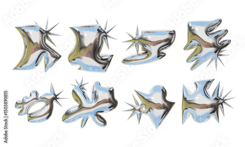 Chrome Spiked Abstract Symbol and Burst. A fierce collection of 8 chrome abstract symbols with sharp starburst spikes jagged edges and high-gloss metallic surfaces. Perfect for dynamic branding