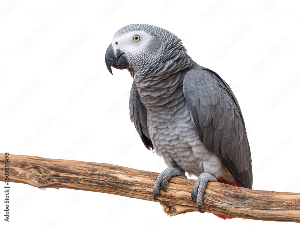 Obraz premium A beautiful African grey parrot perches gracefully on a weathered branch against a pristine white background, displaying its stunning plumage and alert expression.