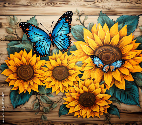 A painting of a butterfly and three sunflowers