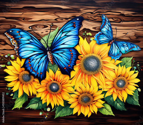 A blue butterfly is sitting on a yellow flower