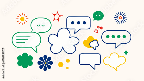 Colorful Speech Bubbles & Doodle Icon Set – Talk, Chat, Expression & Emotion Symbols