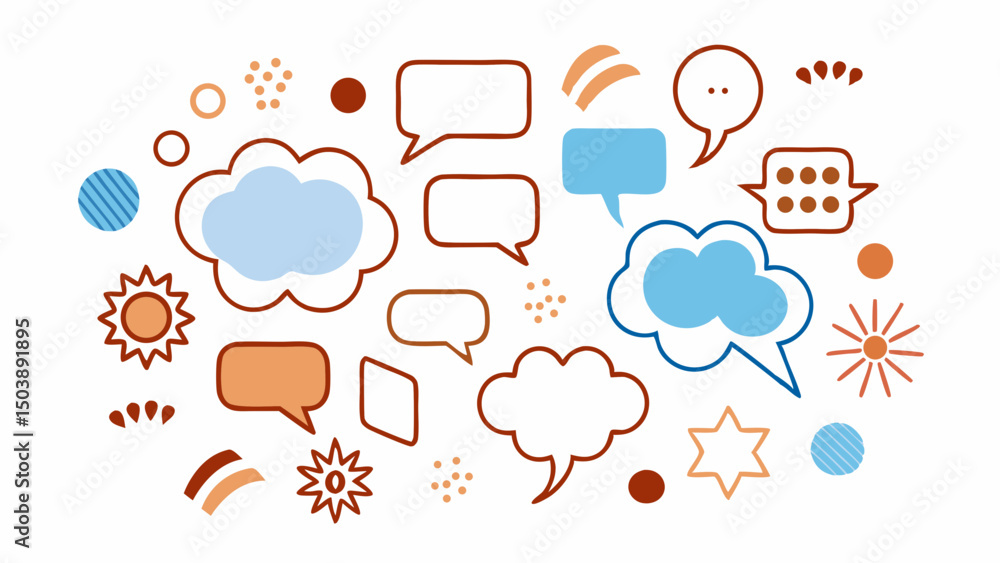 Obraz premium Colorful Speech Bubbles & Doodle Icon Set – Talk, Chat, Expression & Emotion Symbols