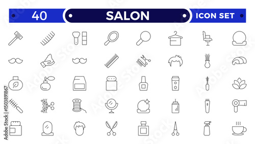 Barber shop and salon outline icons set. Containing styling tools, scissors, comb, clipper, and more. Modern outline icons collection.