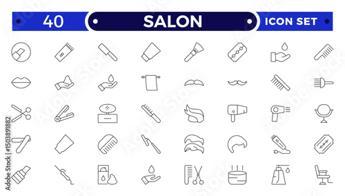 Barber shop and salon outline icons set. Containing styling tools, scissors, comb, clipper, and more. Modern outline icons collection.
