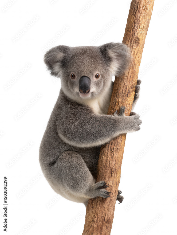 Naklejka premium A cute grey koala bear with fluffy ears clings to a tree branch against a white background, looking directly at the camera with an endea expression.