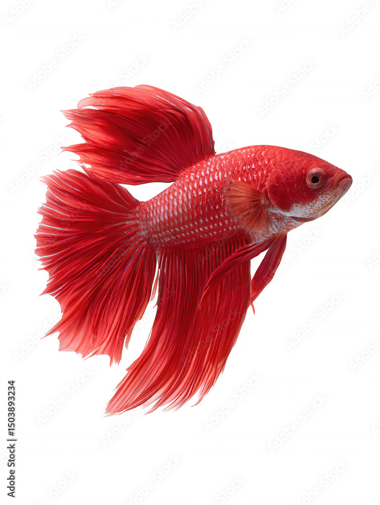 Fototapeta premium An elegant red betta fish gracefully swims, its vibrant fins flowing beautifully against a clean white background in a stunning aquatic portrait showcasing its beauty.