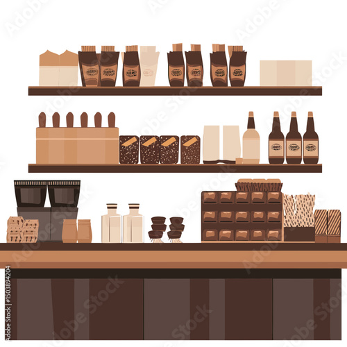 Retail store shelves with assorted packaged food and beverage products including coffee bags, bread loaves, milk cartons, bottles, and snack boxes in minimalist style vector illustration
