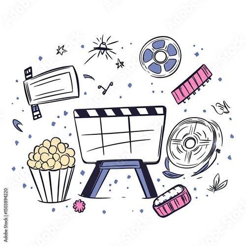 Hand drawn cinema doodle with clapperboard, popcorn, film reel, film tape, movie projector, music notes, and vintage film elements in flat minimalist vector style
