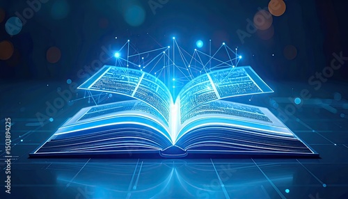 Open book with glowing pages and digital connections, representing knowledge and technology integration in a modern context