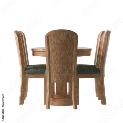 A round wooden dining table with four upholstered chairs arranged around it is viewed from behind on a clean white background in a studio setting indoors.