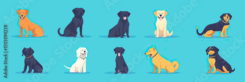 Set of twelve flat minimalist vector illustrations of diverse dog breeds sitting and standing in various poses on blue background including labrador, poodle, rottweiler, golden retriever and shiba inu