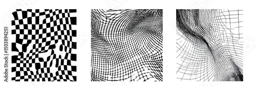 Distorted black and white checkerboard and wireframe grid backgrounds set with warped curved geometric texture patterns for graphic design and abstract art illustrations