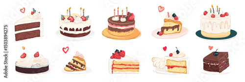 Assorted colorful birthday cake slices and whole cakes with candles, berries, cream, and decorative hearts, flat vector dessert illustration set