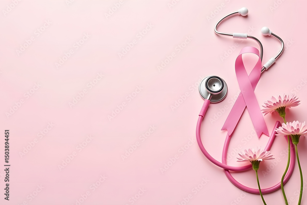 Fototapeta premium Flat Lay of Pink Stethoscope with Awareness Ribbon and Flowers on Soft Pink Background