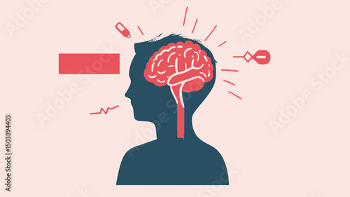 Flat minimalist vector illustration of child silhouette with highlighted brain and stroke symptoms indicators for medical and neurological education concept