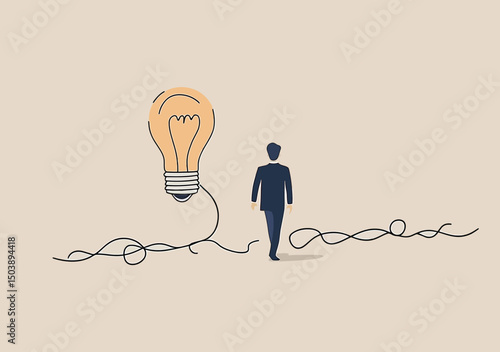 Silhouette of businessman walking away from chaotic scribbles towards illuminated light bulb concept of finding clear ideas and creative solutions in flat minimalist style vector