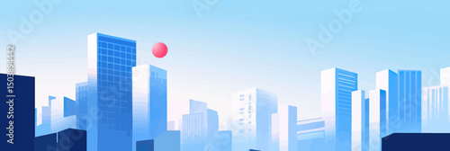 modern cityscape skyline with tall glass office buildings under clear blue sky and floating red sphere minimalist urban architecture panorama illustration