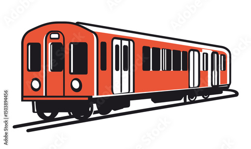 Flat minimalist vector illustration of red subway train car on tracks with windows and doors transport public transit urban commuting concept