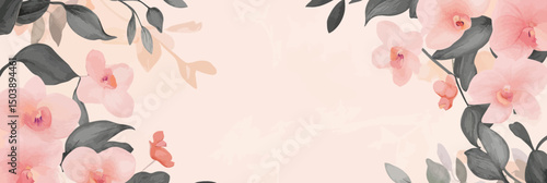 Horizontal banner with soft pink orchid flowers and gray green leaves design, elegant botanical floral frame on pastel light background for invitations greeting card or wedding decor