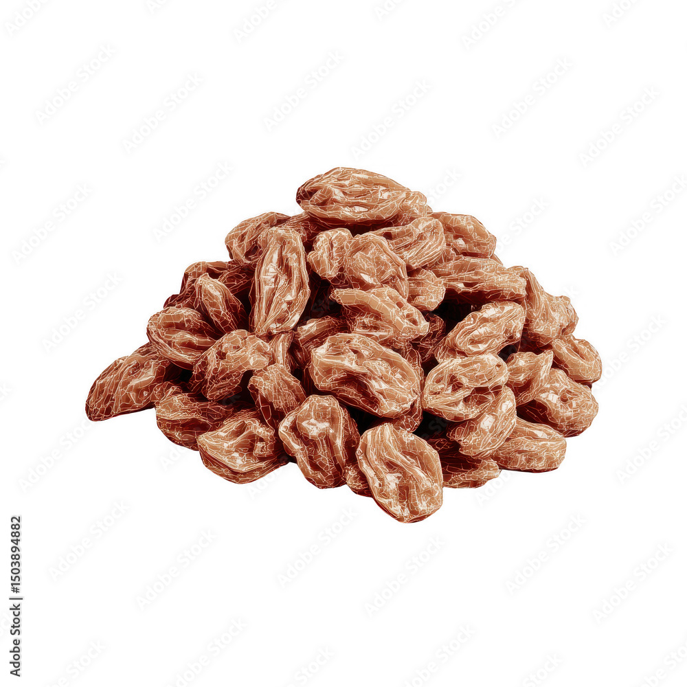Obraz premium A close-up shot showcases a heap of plump, golden raisins, revealing their wrinkled textures and glistening surfaces against a bright, clean white backdrop.