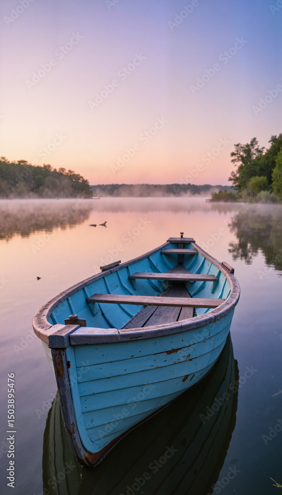Obraz premium Vintage wooden rowboat floating on serene lake at twilight, tranquility