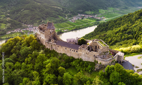 Austria - Burg Aggstein, Beautiful landscape with castle ruin and Danube River at sunset in Wachau valley Austria.
