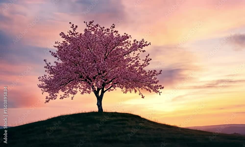 Solitary tree with pink blossoms at sunrise Solitary tree with pink blossoms at sunrise