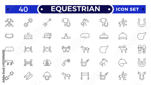 Equestrian Outline Icon Set. Horse, Rider, Gallop, Dressage, Racing, Pony, Farm Animal, Stable, Mustang, Silhouette, Freedom, Power, Mane, Saddle, Competition, Vector, Thin Line Design.