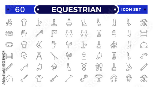 Equestrian Outline Icon Set. Horse, Rider, Gallop, Dressage, Racing, Pony, Farm Animal, Stable, Mustang, Silhouette, Freedom, Power, Mane, Saddle, Competition, Vector, Thin Line Design.